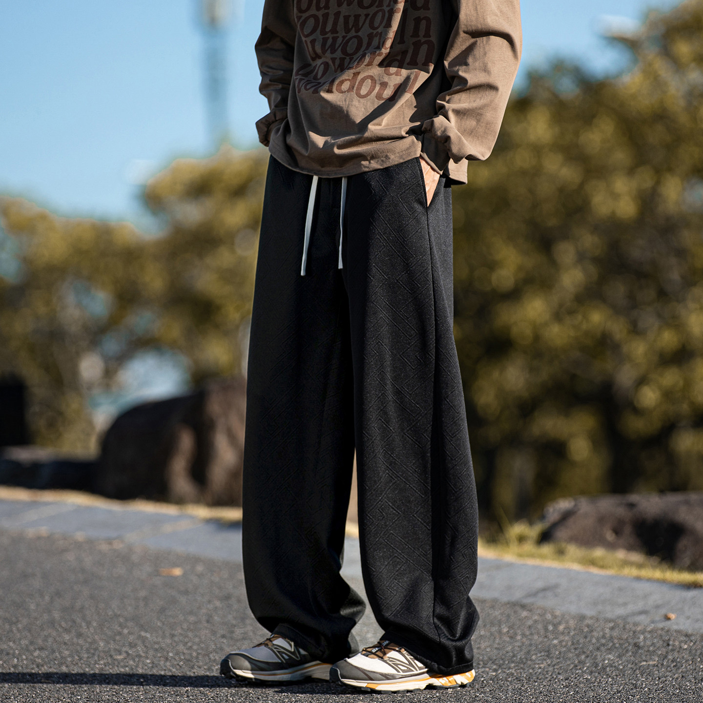 WASSUP肌理感休闲裤男秋冬青少年潮流百搭直筒垂感运动松紧腰长裤,男装,休闲裤,淘宝优惠券,粉丝福利购,淘宝优惠卷