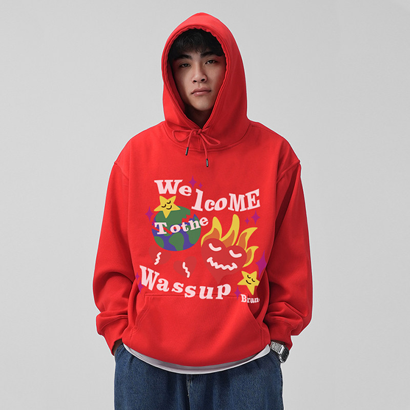 WASSUP美式重磅心火烧数码喷墨工艺红色卫衣男秋冬宽松连帽衫上衣