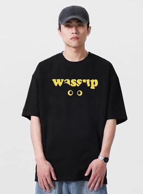 WASSUP搞怪猫眼T恤衫夏季宽松纯棉国潮牌男女生短袖圆领重磅休闲