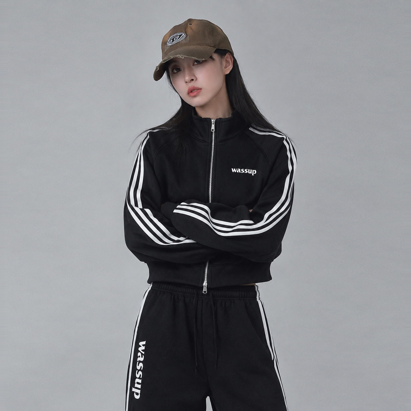 WASSUP美式复古条纹短款卫衣女秋季宽松重磅百搭开衫上衣运动外套