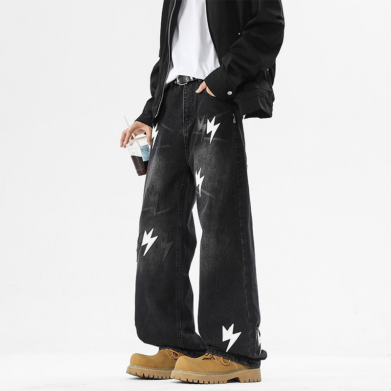 WASSUP潮牌美式闪电复古牛仔裤男宽松休闲直筒高街潮流百搭阔腿裤,男装,牛仔裤,淘宝优惠券,粉丝福利购,淘宝优惠卷