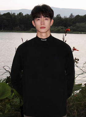 WASSUP德绒保暖打底衫半高领上衣男女春秋刺绣字母休闲潮牌情侣装