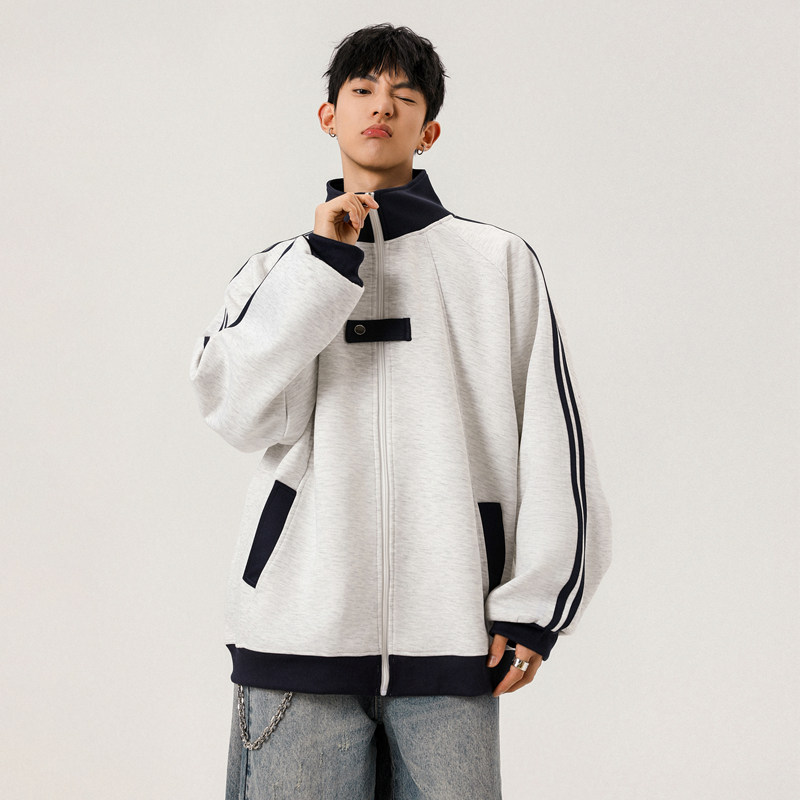 WASSUP美式三条杠棒球服男生秋季重磅潮牌条纹运动夹克青少年外套