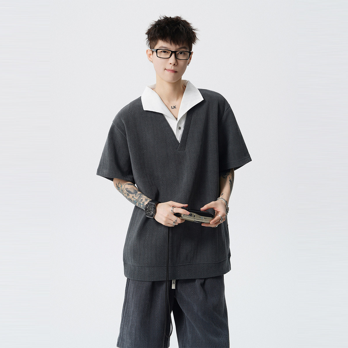 WASSUP美式假两件POLO衫短裤男夏