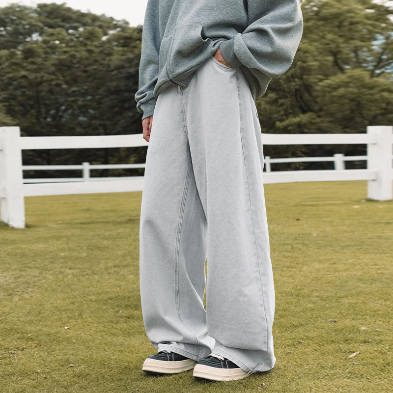 WASSUP复古灰色阔腿宽松牛仔长裤