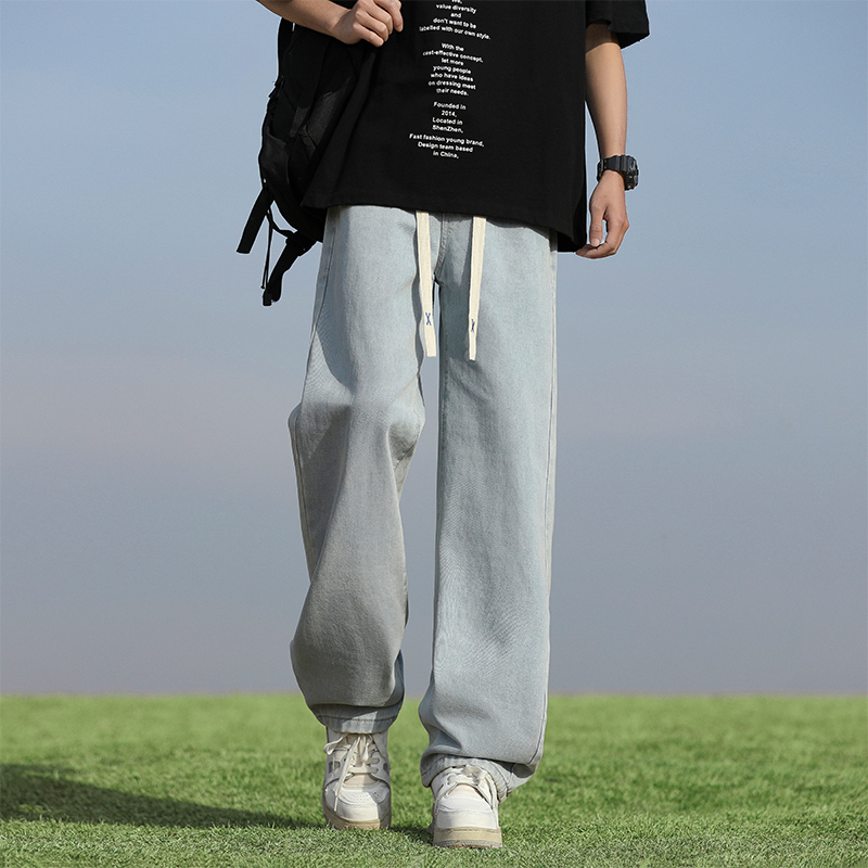 WASSUP潮牌复古蓝牛仔裤男夏季薄款青少年运动休闲直筒百搭长裤子