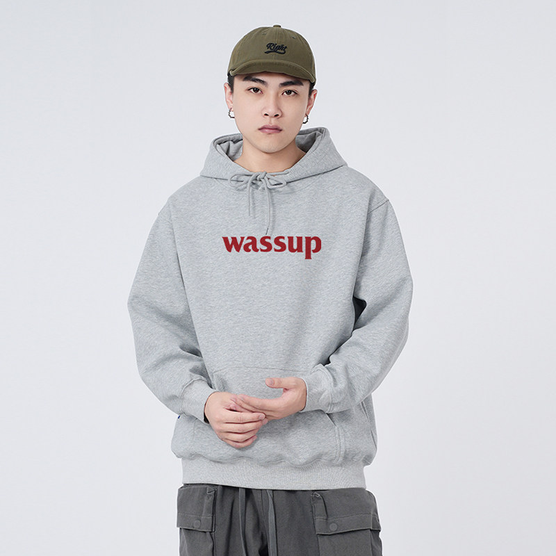WASSUP潮牌字母logo基础款灰色卫衣男秋冬新款重磅套头连帽上衣服