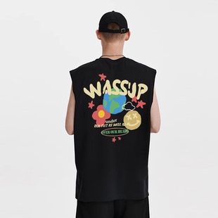 美式 WASSUP 新款 潮牌坎肩上衣無袖 HEODS涂鴉印花背心男女夏季 T恤