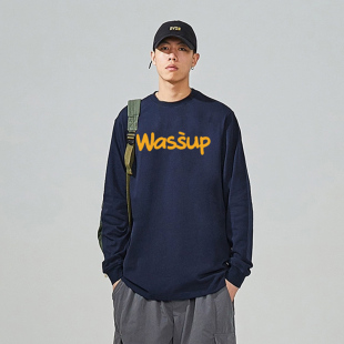 WASSUP潮牌字母LOGO长袖T恤男生春秋宽松百搭情侣纯色打底衫上衣
