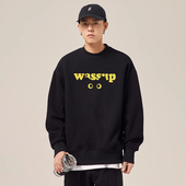 WASSUP卡通潮牌猫咪圆领卫衣男女春秋季 宽松加绒百搭套头上衣 新款