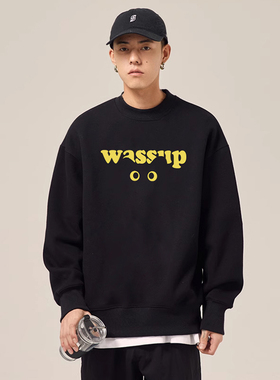 WASSUP卡通潮牌猫咪圆领卫衣男女春秋季新款宽松加绒百搭套头上衣