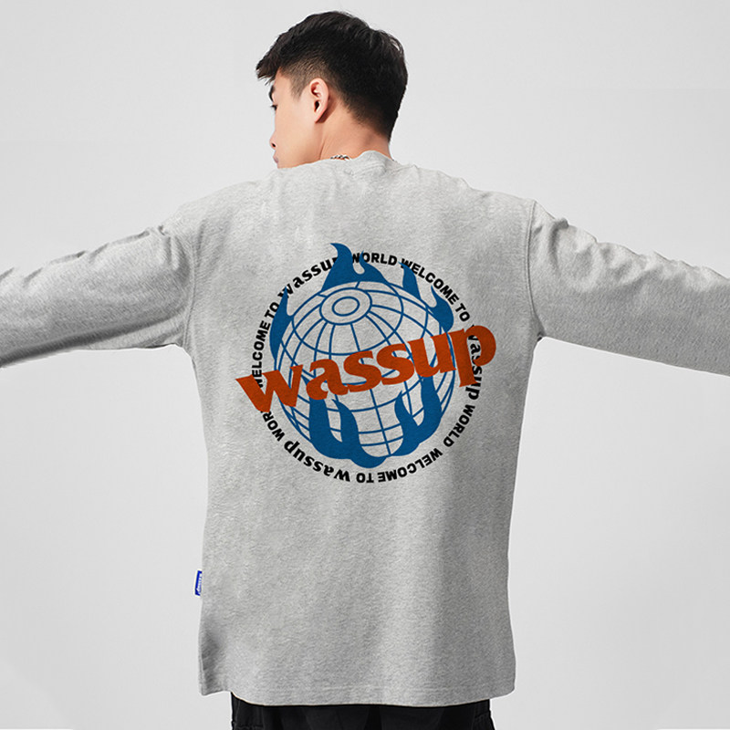 WASSUP潮牌美式重磅纯棉长袖T恤男秋季宽松休闲情侣圆领打底上衣