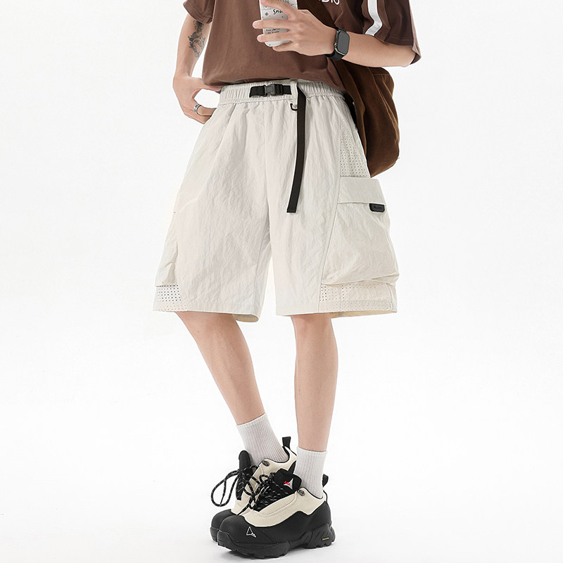 WASSUP冰丝速干工装短裤男夏季薄款网眼透气宽松直筒运动五分裤子