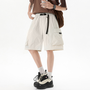 WASSUP冰丝速干工装短裤男夏季薄款网眼透气宽松直筒运动五分裤子