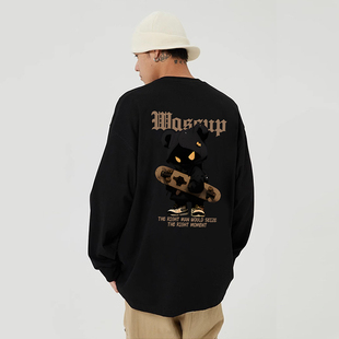 WASSUP暴力熊美式重磅长袖T恤男秋季宽松百搭情侣圆领体恤衫上衣