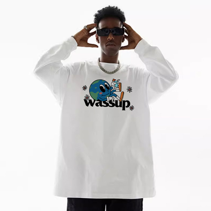 WASSUP美式卡通重磅长袖T恤男春秋新款潮牌高克重情侣圆领上衣服