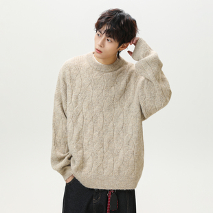 WASSUP美式圆领毛衣男秋季重磅慵懒风麻花针织衫潮牌高街情侣开衫