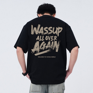 潮牌重磅宽松情侣半袖 WASSUP美式 2026新款 T恤男夏季 上衣 字母短袖