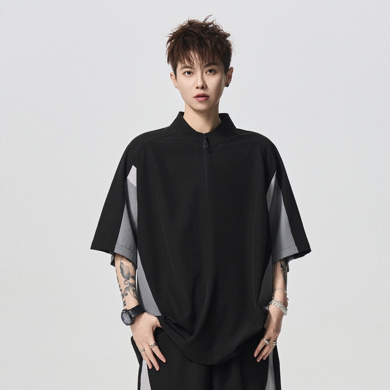 WASSUP美式复古立领短袖T恤男