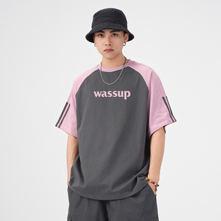 WASSUP拼接三条杠短袖T恤男女夏季宽松美式复古字母印花圆领上衣