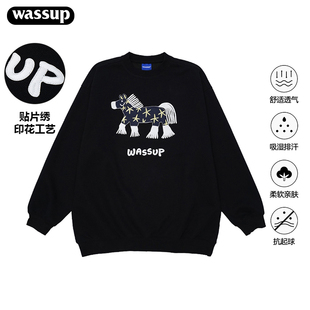 WASSUP马年贴片绣花国潮重磅加绒卫衣男秋冬宽松休闲情侣圆领上衣