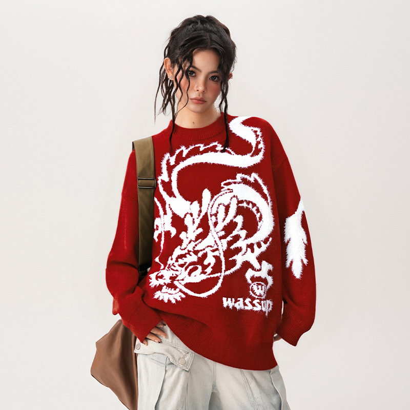 WASSUP国潮中国红针织毛衣男女款