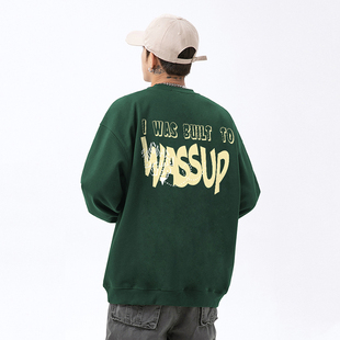 WASSUP潮牌美式小众墨绿色卫衣男士秋冬2025新款宽松休闲圆领上衣