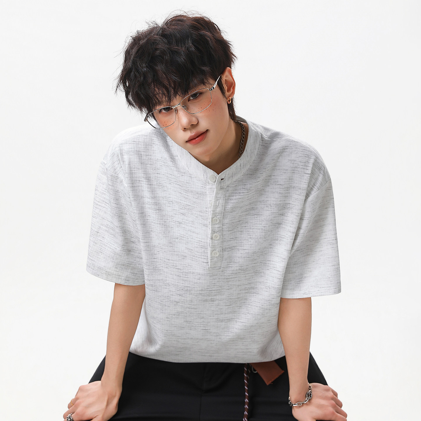 WASSUP美式cleanfit亨利领短袖T恤男款夏季正肩老钱风针织衫上衣