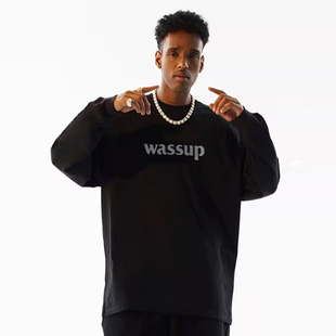 WASSUP潮牌3D立体字母logo长袖T恤男生春秋百搭美式重磅圆领上衣