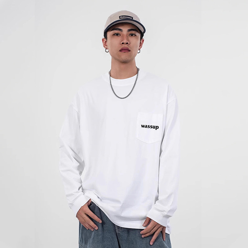 WASSUP潮牌口袋长袖t恤男女同款春秋新款立体字母圆领打底衫上衣