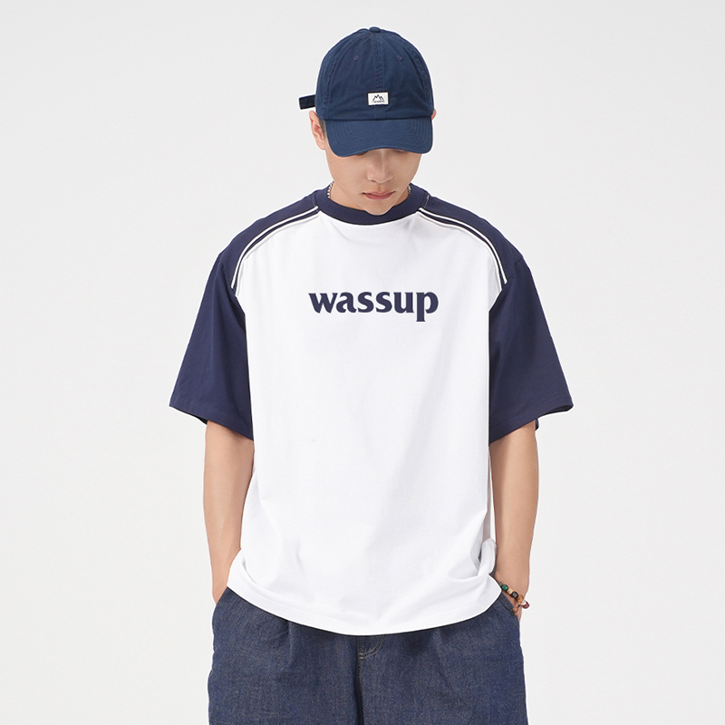 WASSUP日系复古简约插肩纯棉短袖t恤男潮牌夏季重磅字母印花上衣