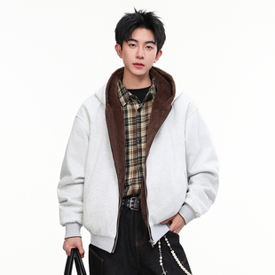 WASSUP美式开衫重磅连帽卫衣男女秋冬季加绒情侣百搭纯色拉链外套