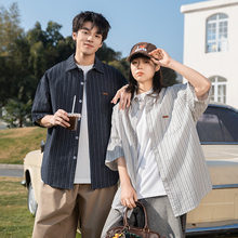 WASSUP潮牌拼接条纹短袖衬衫男女款美式上衣夏季衣服宽松休闲外套
