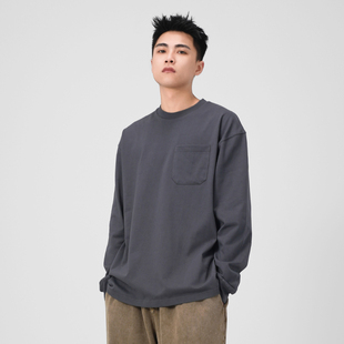 WASSUP潮牌重磅简约纯色复古口袋长袖T恤男女同款春秋美式打底衫