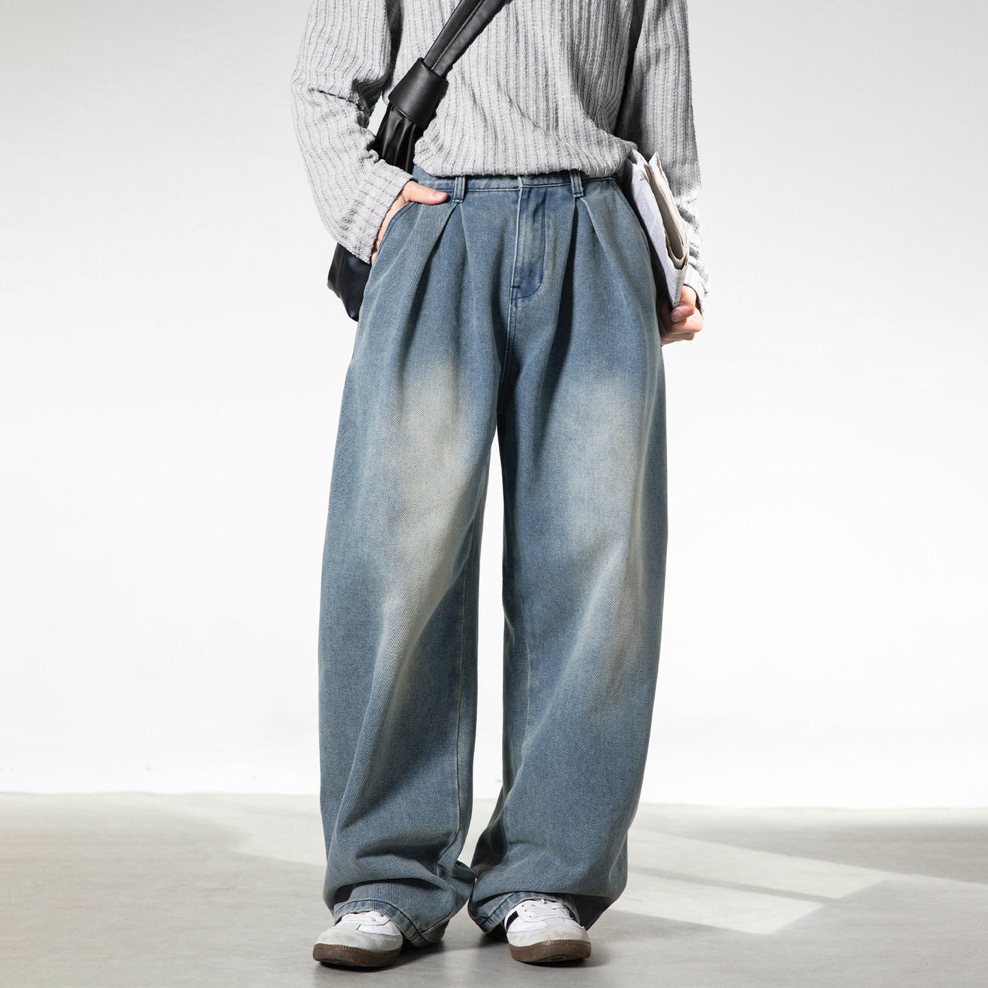 WASSUP美式复古弯刀阔腿牛仔裤男士2026新款高街宽松休闲高街长裤