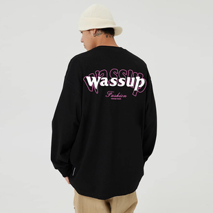 WASSUP重磅美式字母长袖T恤男女同款春秋季国潮流情侣圆领上衣服