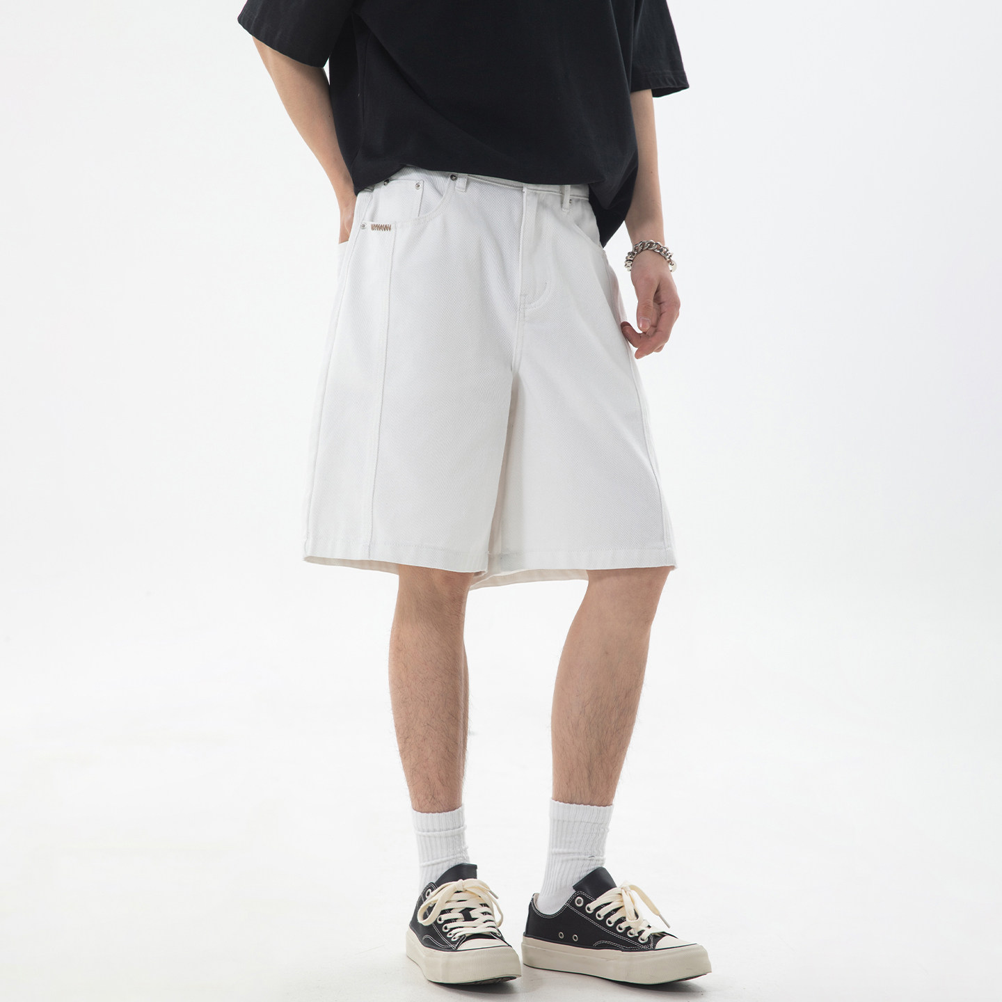 WASSUP潮牌白色直筒牛仔裤男款夏季日系复古穿搭修身运动五分中裤