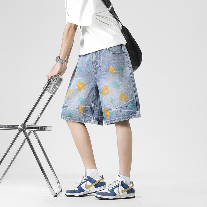 WASSUP美式潮牌水洗复古做旧牛仔短裤男夏季宽松百搭直筒五分裤子