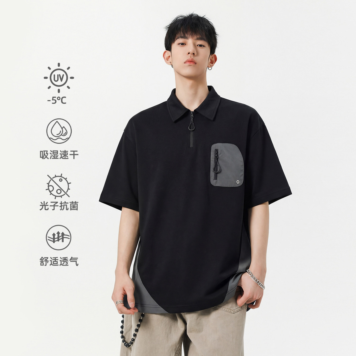 WASSUP夏季新款半拉链口袋短袖Polo衫男美式潮牌设计宽松翻领T恤