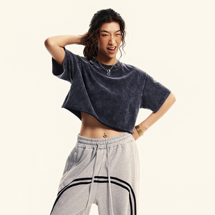 WASSUP潮牌欧美风辣妹新款圆领做旧水洗短袖T恤短款女露脐上衣服