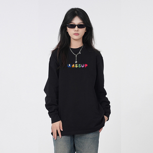 WASSUP美式重磅卡通字母长袖T恤女春秋宽松休闲简约百搭圆领上衣