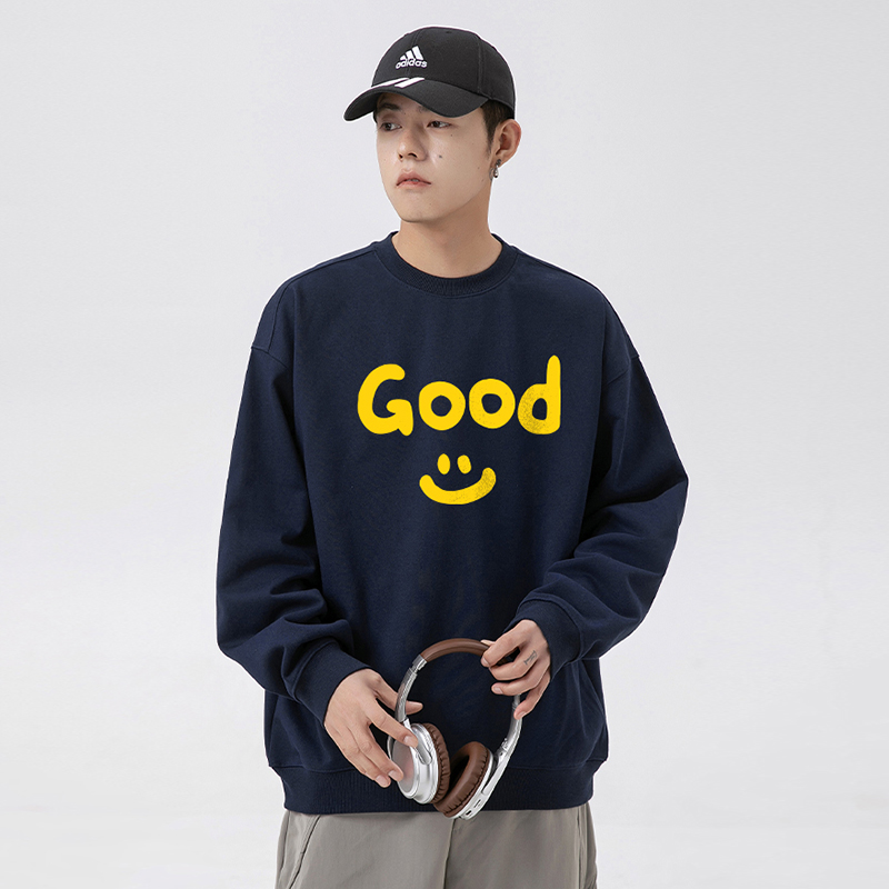 WASSUP字母笑脸圆领重磅卫衣男