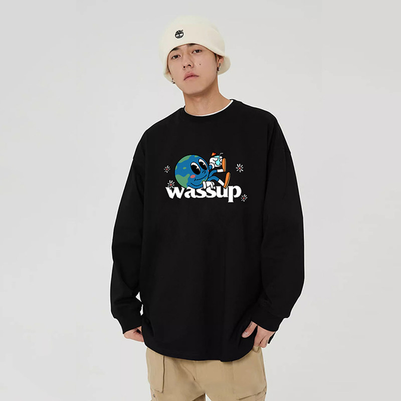 WASSUP美式重磅长袖T恤男秋季宽松oversize重磅纯棉圆领打底上衣