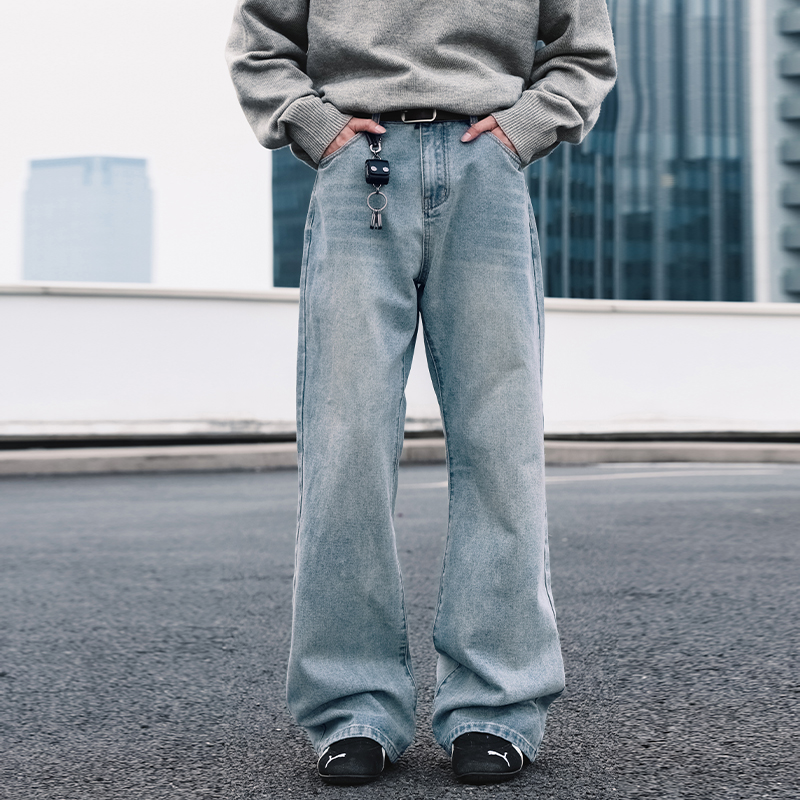 WASSUP美式渐变蓝复古牛仔长裤男