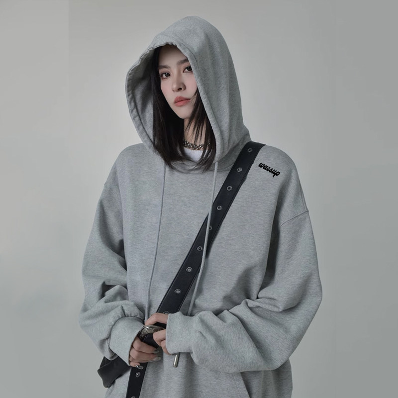 WASSUP潮牌简约纯色卫衣男女秋冬加绒宽松休闲潮流百搭情侣上衣服