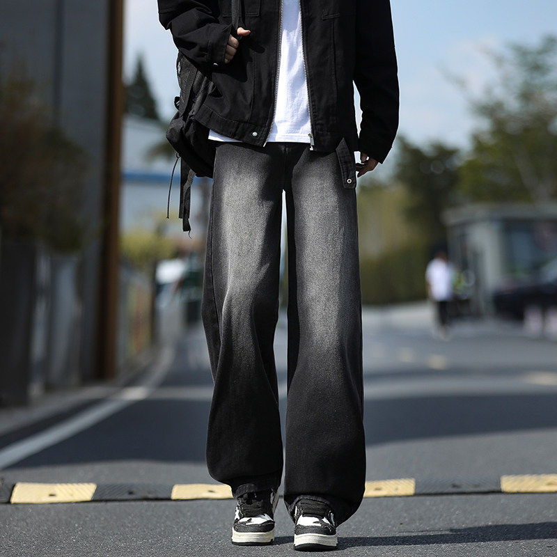 WASSUP美式复古渐变水洗牛仔裤男生青少年潮流vibe休闲直筒长裤子