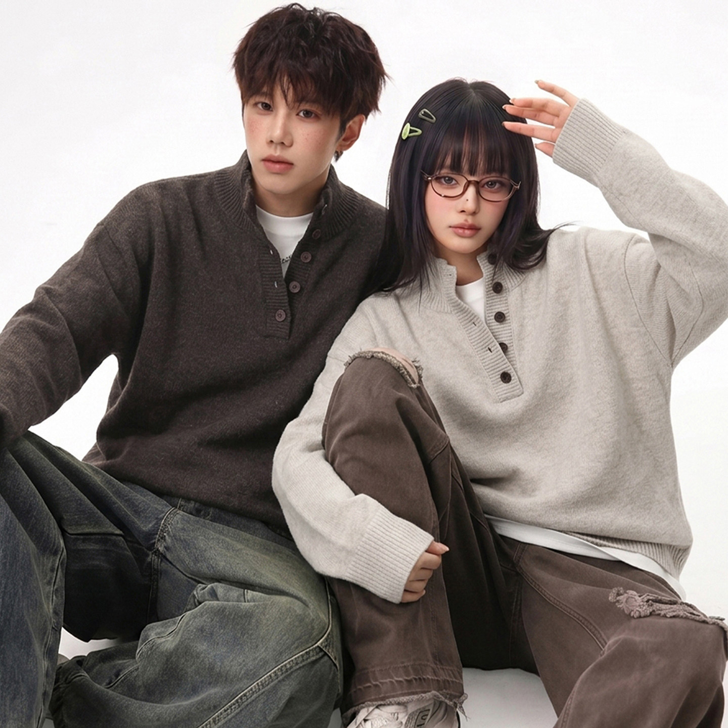 WASSIUP美式复古半立领情侣毛衣
