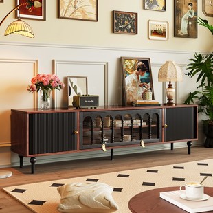 法式复古实木电视柜小户型客厅收纳储物柜一体黑色美式中古风家具