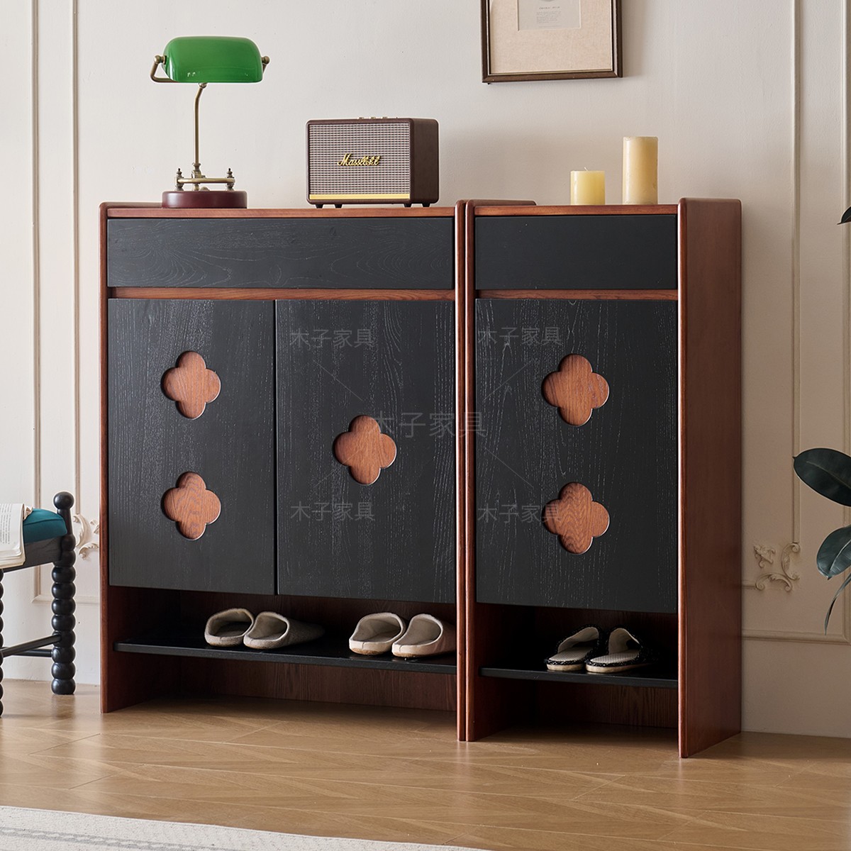 法式中古风全实木家用门口红橡木鞋柜玄关柜客厅收纳柜阳台储物柜