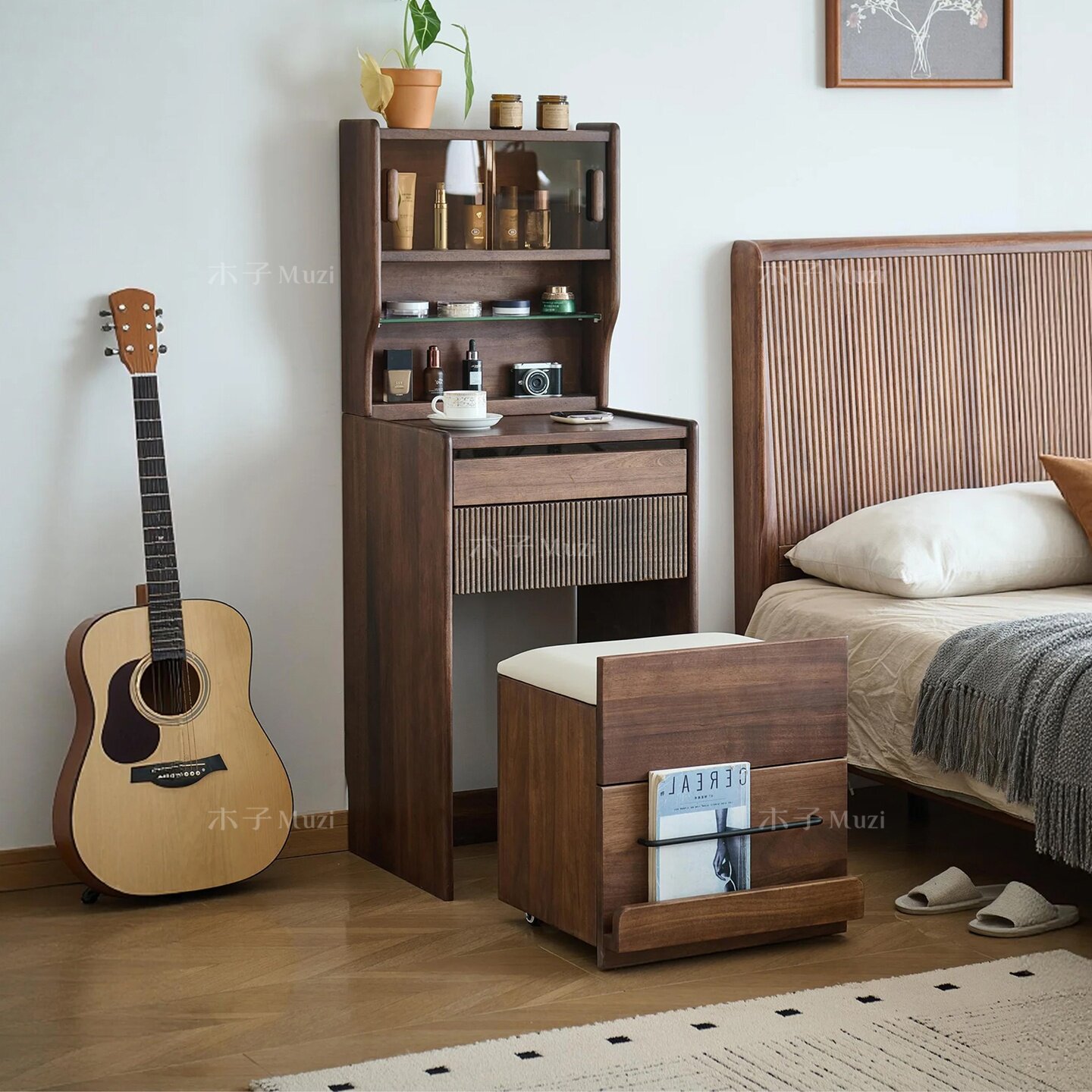 木子实木梳妆台黑胡桃木小户型卧室书桌床头化妆桌子迷你带抽屉
